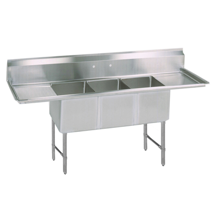 BK RESOURCES 35.8125 in W x 108 in L x Free Standing, Stainless Steel, Three Compartment Sink BKS-3-2030-14-24TS